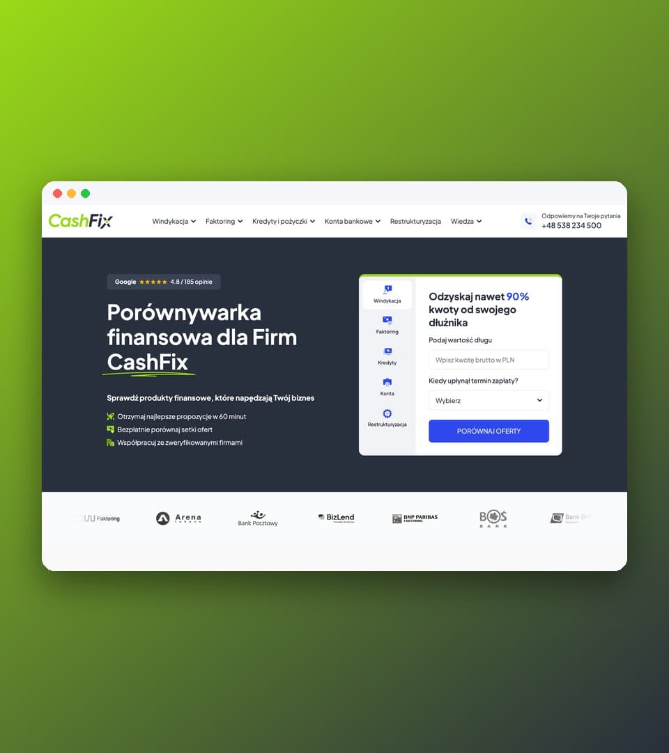 Hero section of the CashFIX website with the comparison form